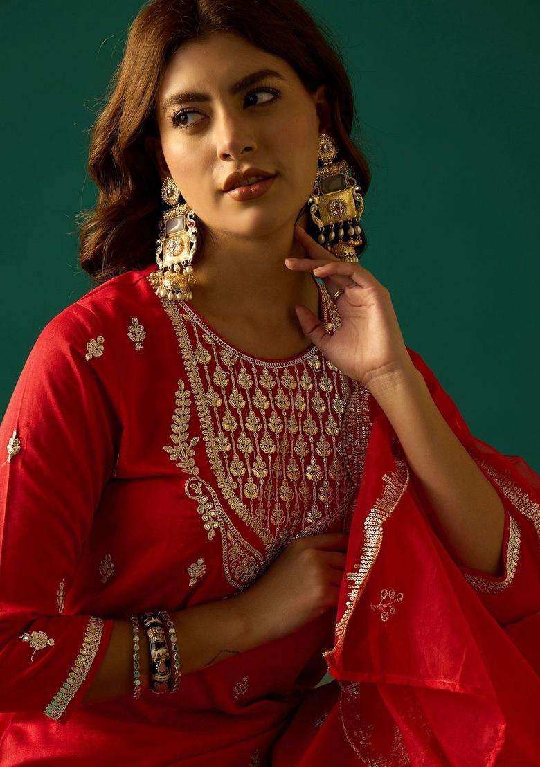 Red Embroidered Silk Sharara Set - Indya