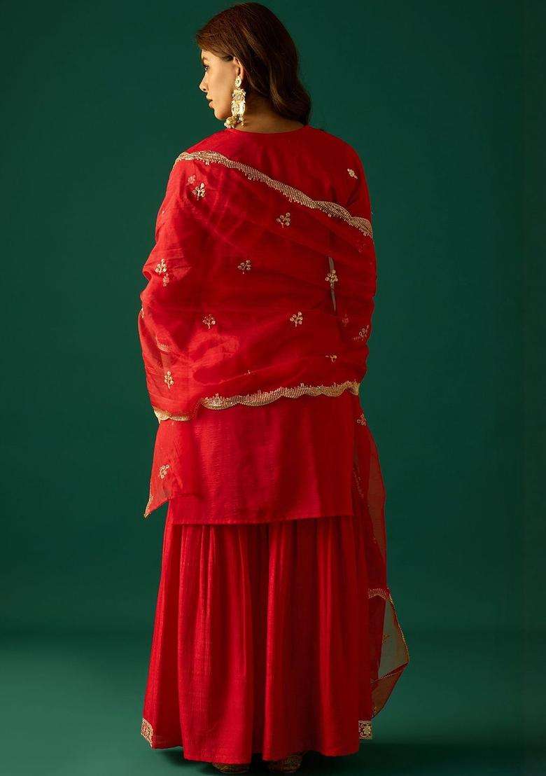 Red Embroidered Silk Sharara Set - Indya