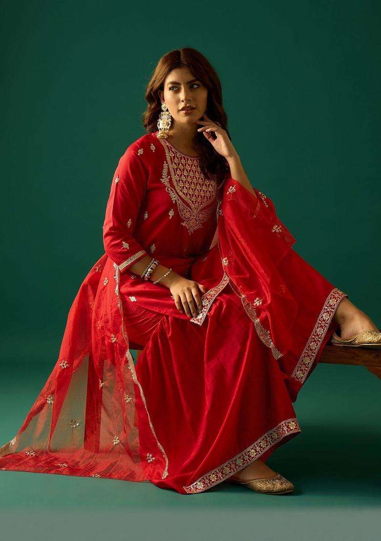 Red Embroidered Silk Sharara Set - Indya