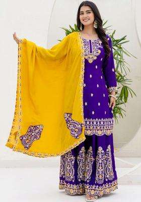 Purple Embroidered Chinon Sharara Set