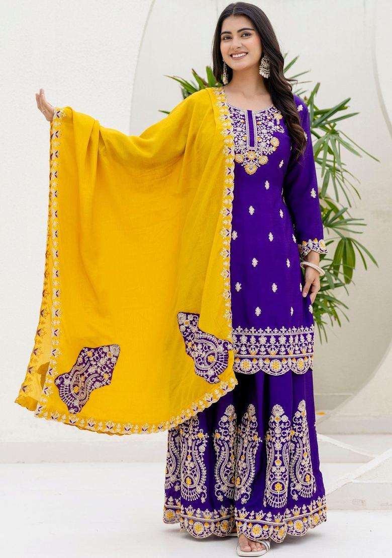 Purple Embroidered Chinon Sharara Set - Indya