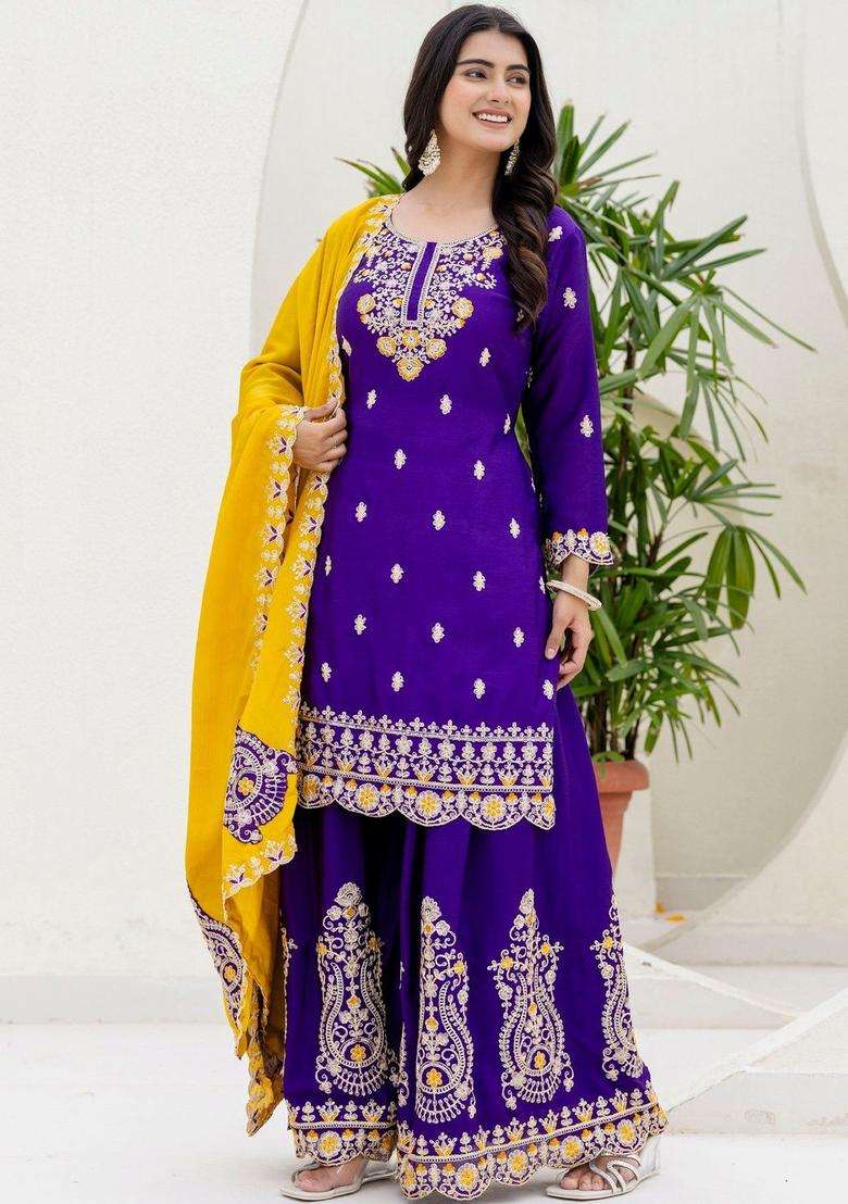 Purple Embroidered Chinon Sharara Set - Indya