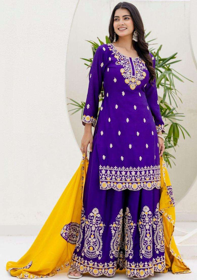 Purple Embroidered Chinon Sharara Set - Indya