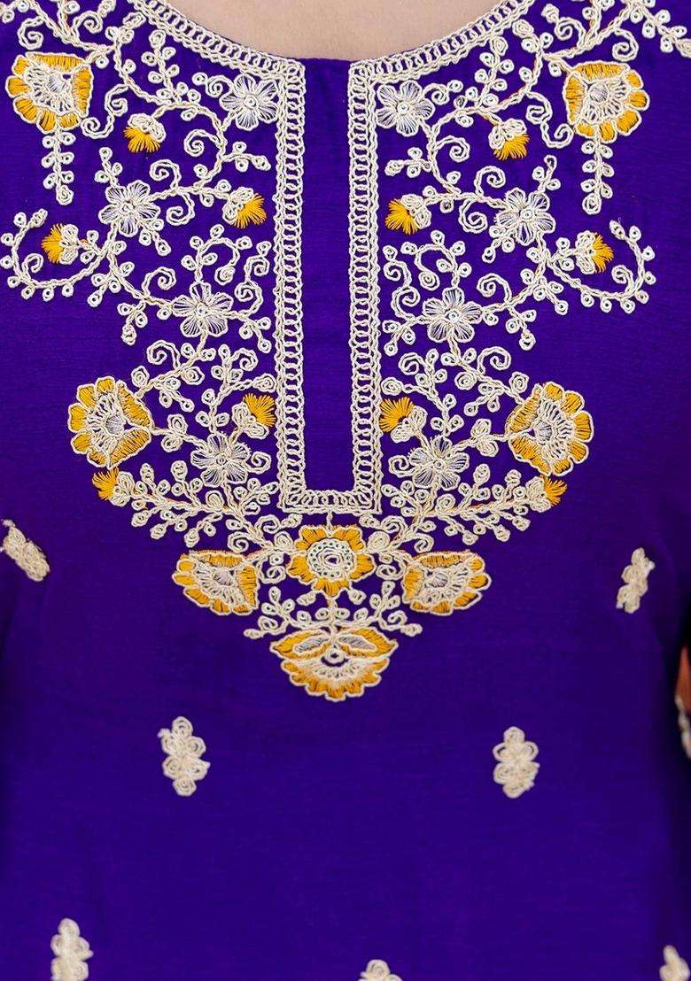 Purple Embroidered Chinon Sharara Set - Indya
