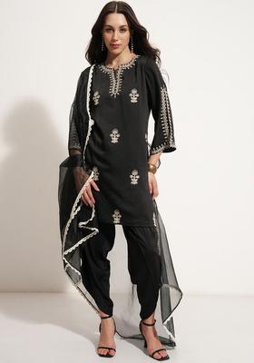 Black Embroidered Polyester Kurta Set