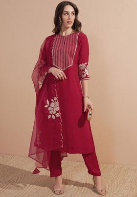 Red Embroidered Viscose Kurta Set