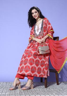 Red Printed Cotton Kurta Set