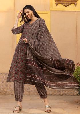 Brown Printed Cotton Kurta Set