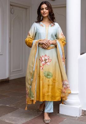 Blue Printed Viscose Kurta Set