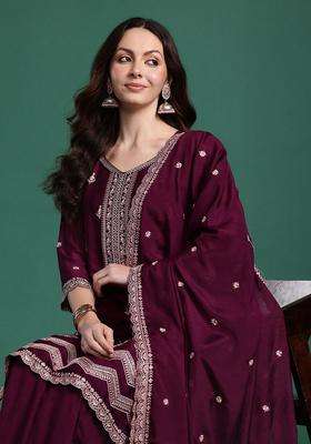 Burgundy Embroidered Silk Sharara Set