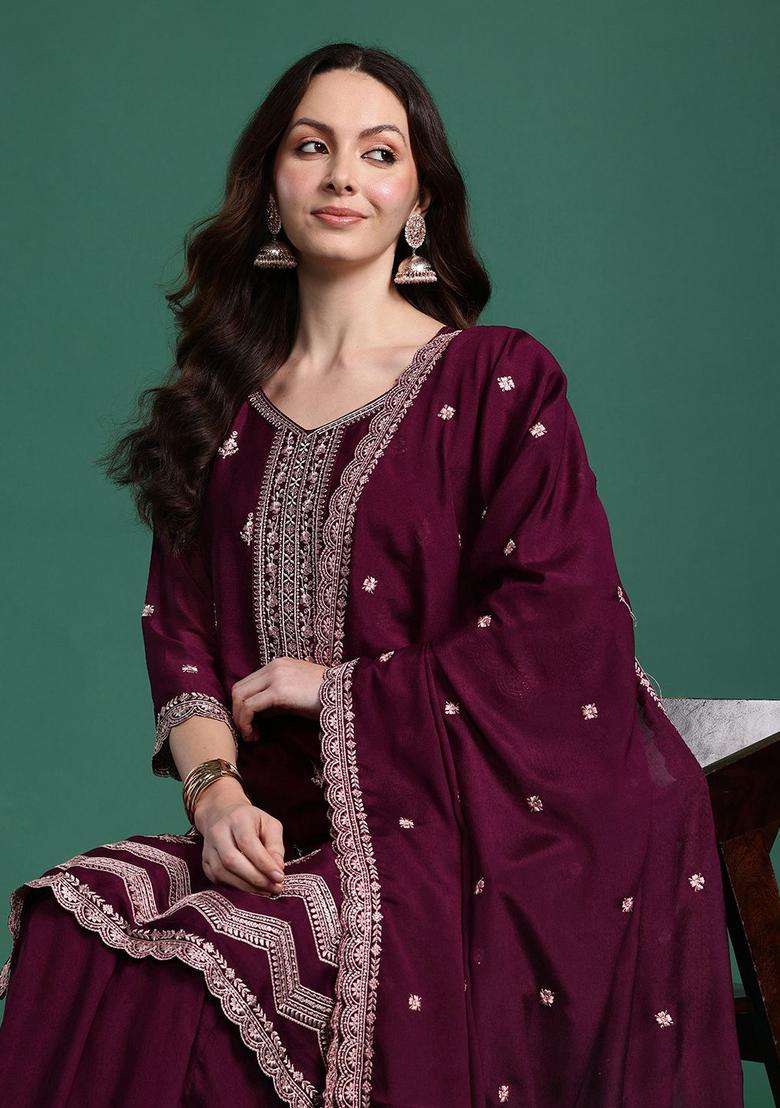 Burgundy Embroidered Silk Sharara Set - Indya