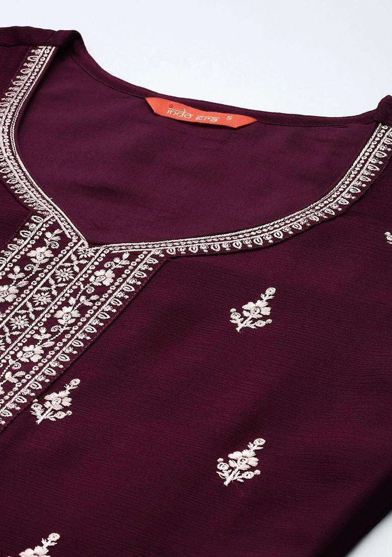 Burgundy Embroidered Silk Sharara Set - Indya