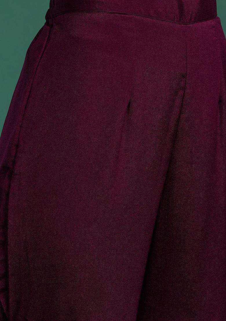 Burgundy Embroidered Silk Sharara Set - Indya