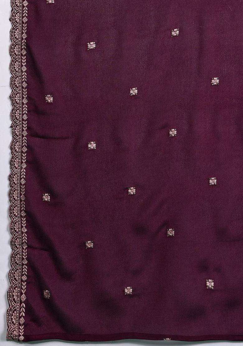 Burgundy Embroidered Silk Sharara Set - Indya