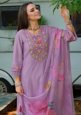 Purple Yoke Design Cotton Kurta Set