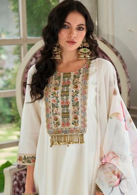 Off White Embroidered Cotton Kurta Set