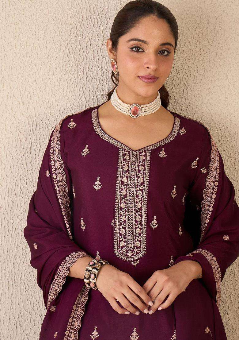 Burgundy Embroidered Silk Sharara Set - Indya
