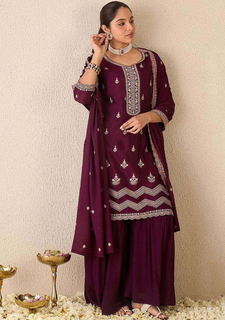 Burgundy Embroidered Silk Sharara Set - Indya