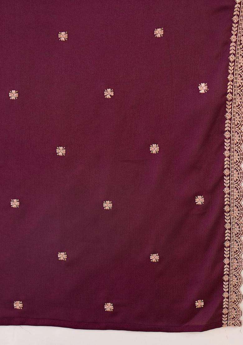 Burgundy Embroidered Silk Sharara Set - Indya