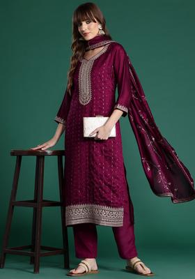 Burgundy Embroidered Silk Blend Kurta Set