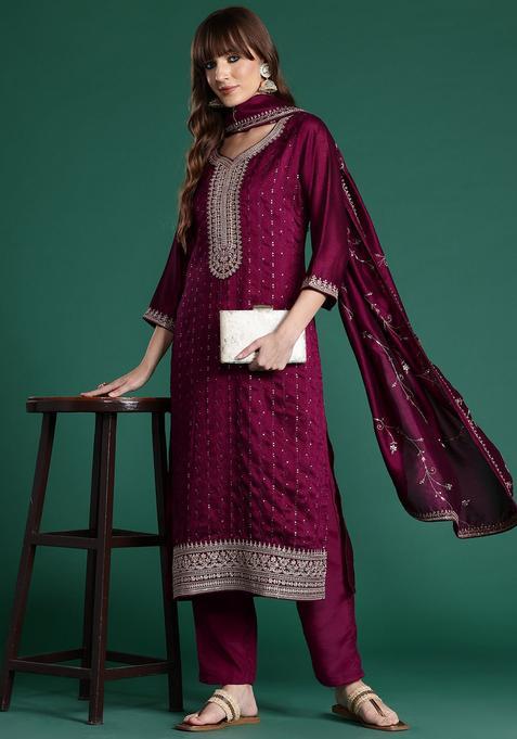 Burgundy Embroidered Silk Kurta Set