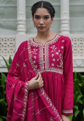 Magenta Embroidered Silk Kurta Set