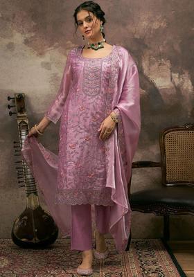Pink Printed Silk Blend Kurta Set