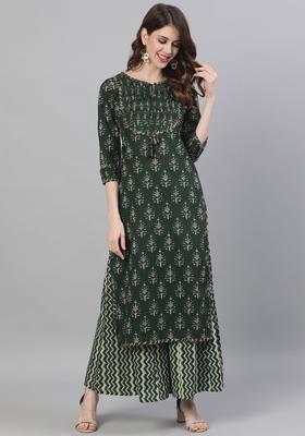 Olive Printed Cotton Kurta Set