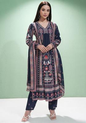 Blue Printed Polyester Kurta Set