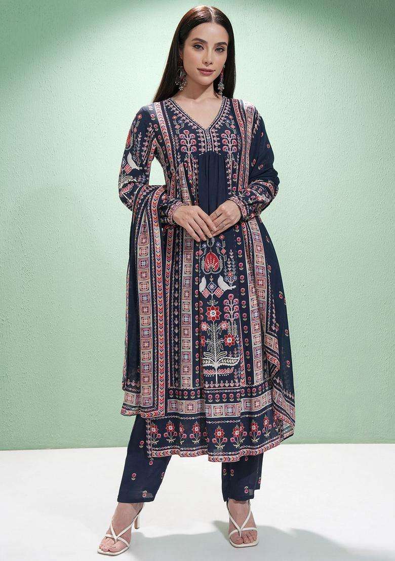 Blue Printed Polyester Kurta Set - Indya