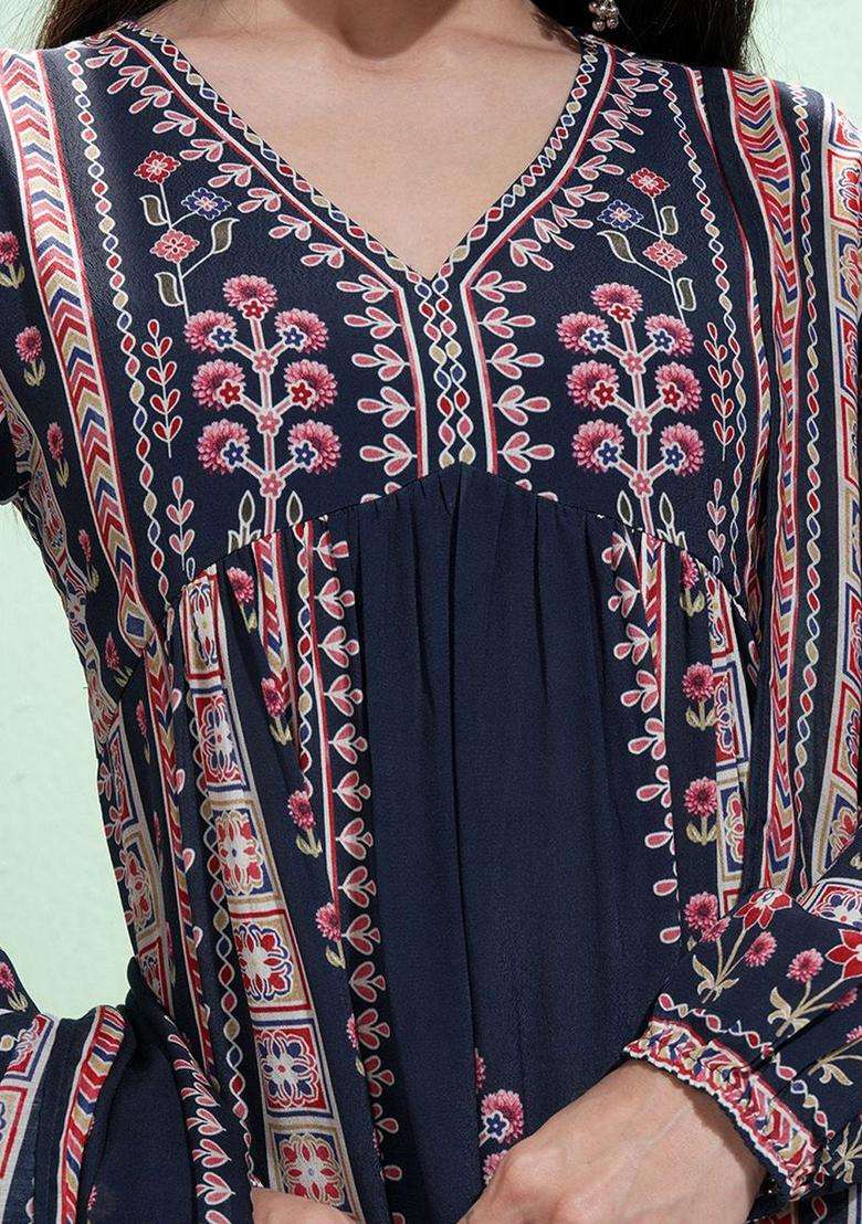 Blue Printed Polyester Kurta Set - Indya