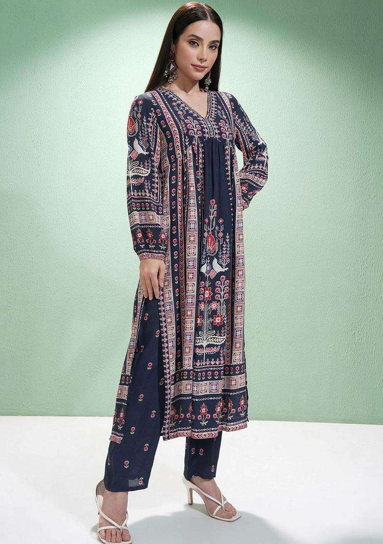Blue Printed Polyester Kurta Set - Indya