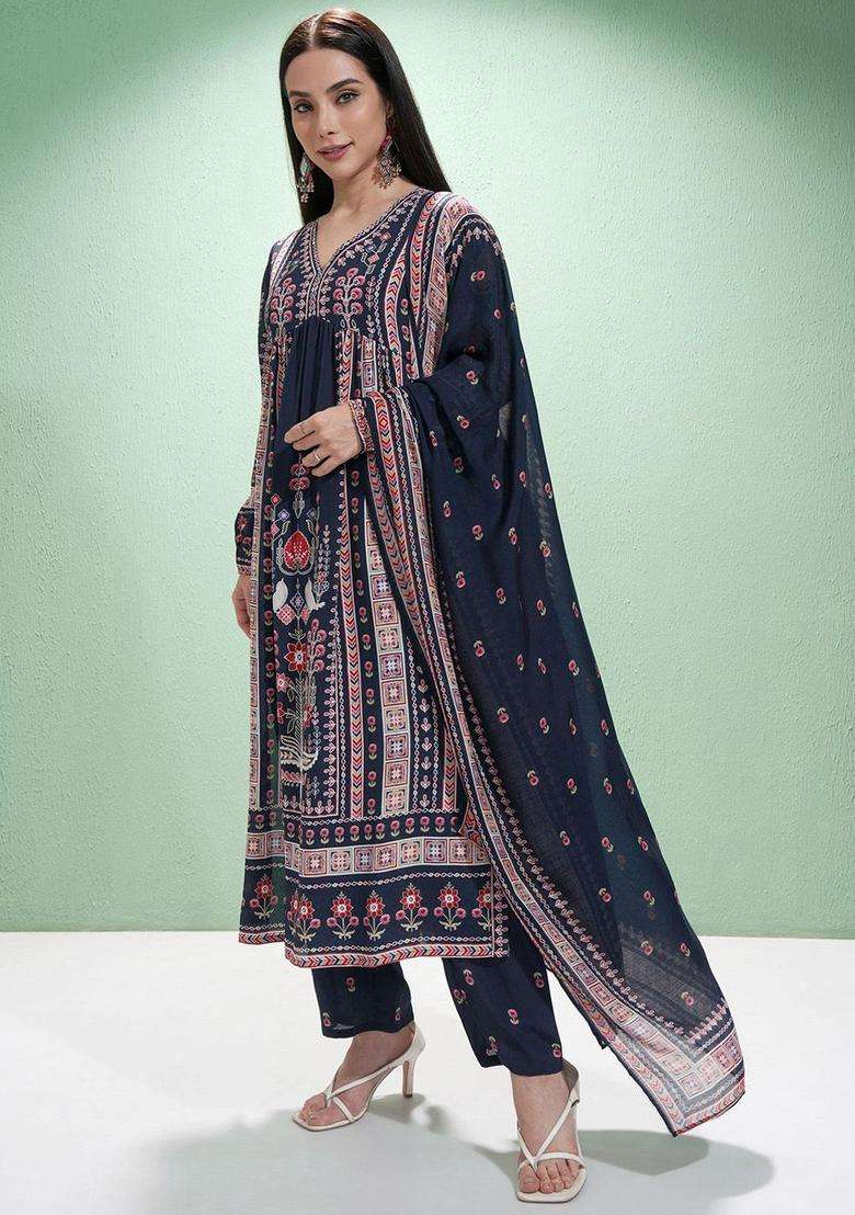 Blue Printed Polyester Kurta Set - Indya