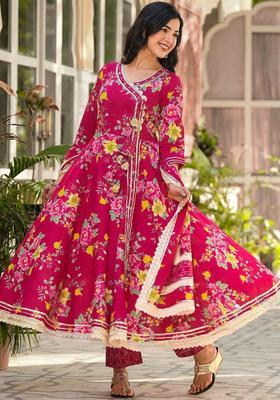 Pink Printed Cotton Anarkali Set