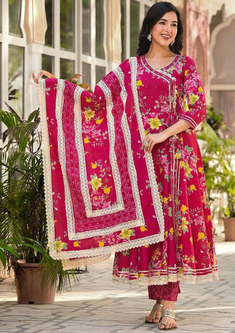 Pink Printed Cotton Anarkali Set - Indya