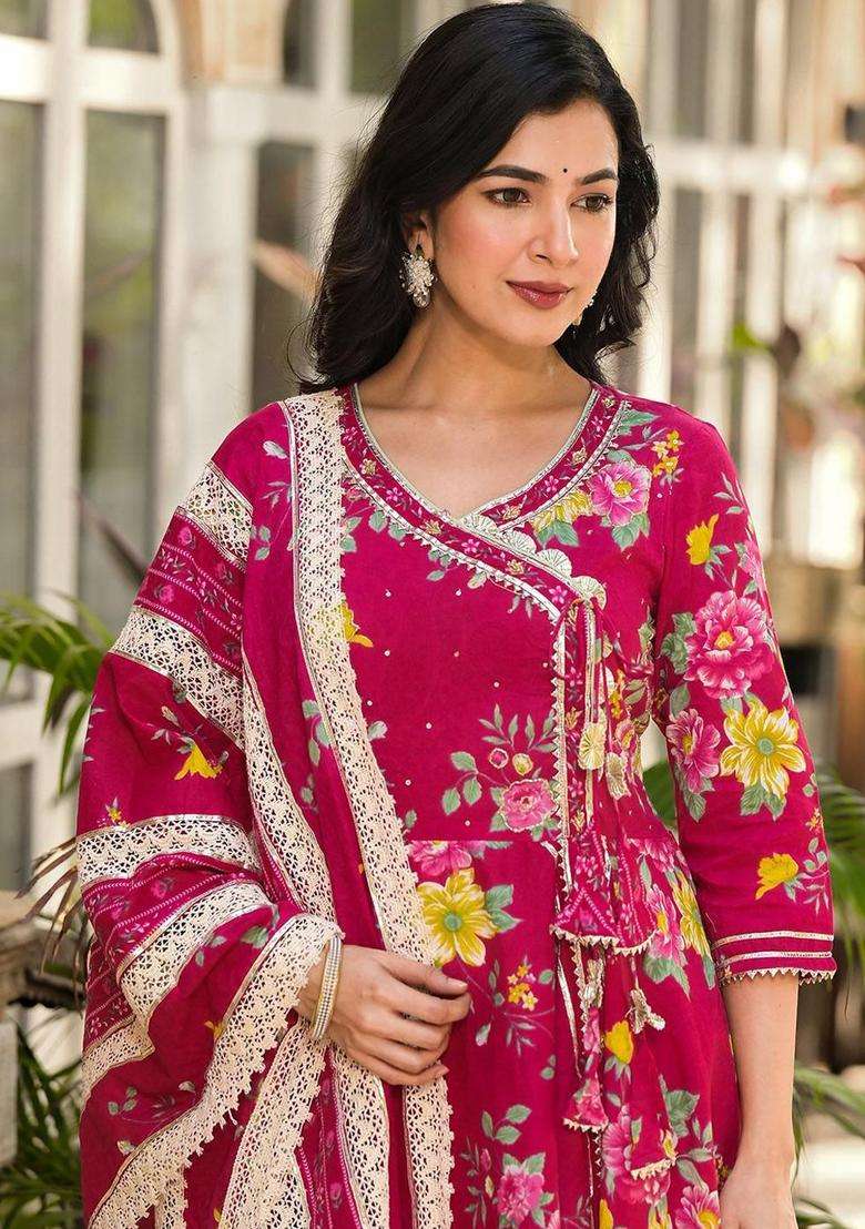 Pink Printed Cotton Anarkali Set - Indya