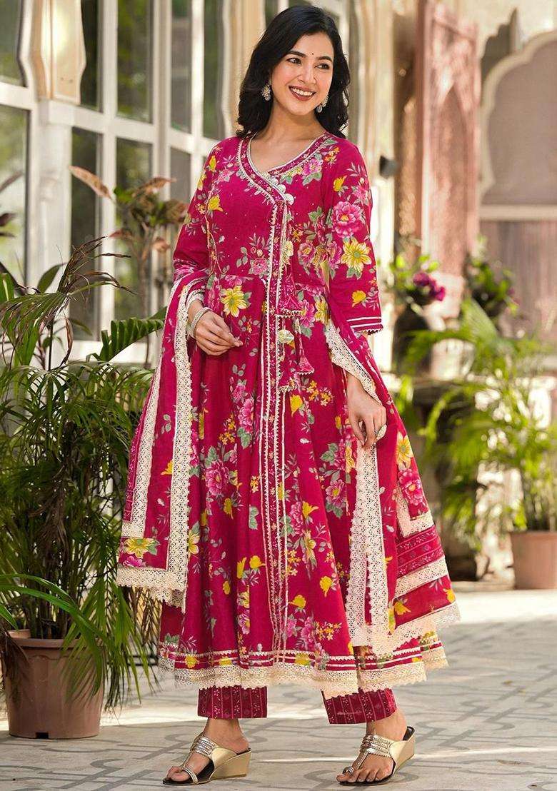 Pink Printed Cotton Anarkali Set - Indya