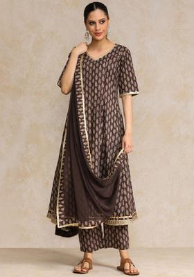 Brown Printed Cotton Kurta Set