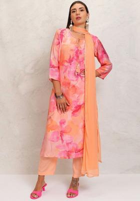 Orange Printed Cotton Kurta Set
