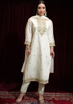 Off White Embroidered Polyester Kurta Set