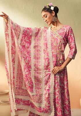 Pink Printed Cotton Anarkali Set