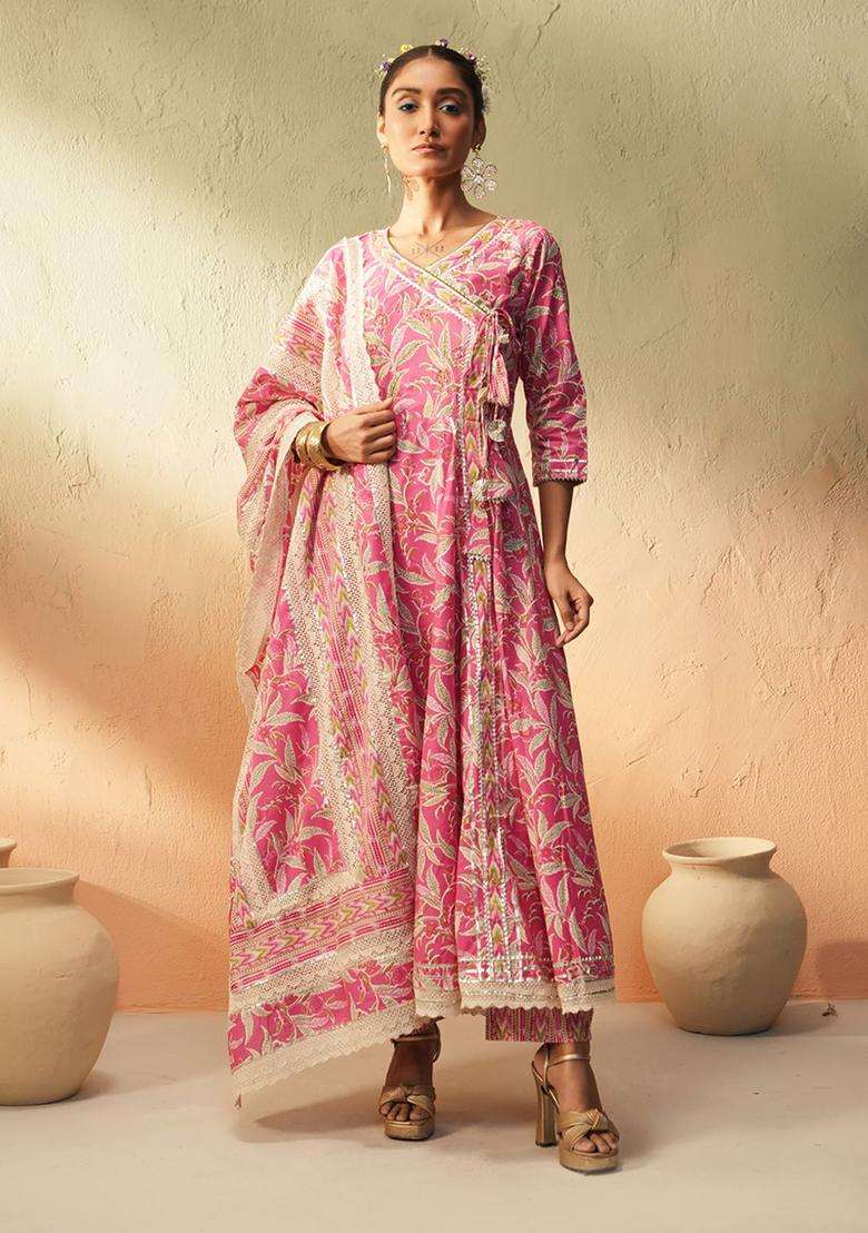 Pink Printed Cotton Anarkali Set - Indya