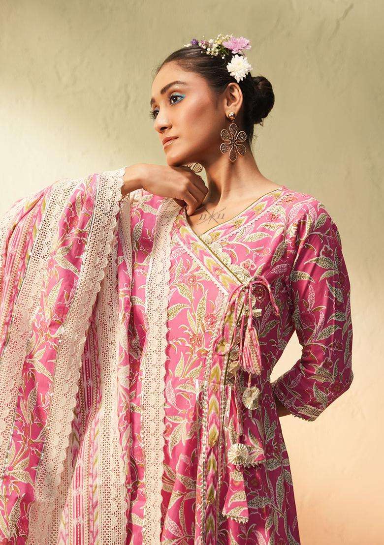 Pink Printed Cotton Anarkali Set - Indya