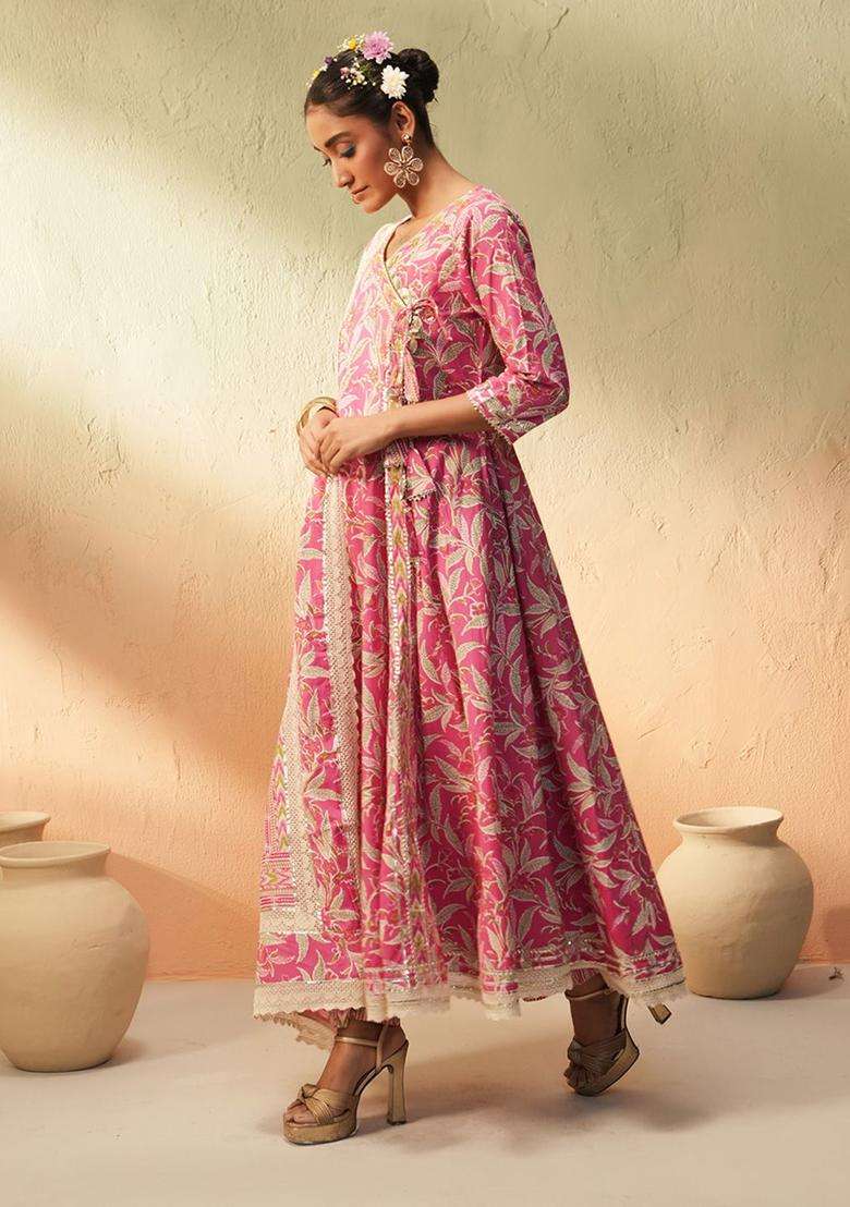 Pink Printed Cotton Anarkali Set - Indya