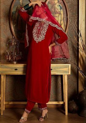 Red Embroidered Velvet Kurta Set