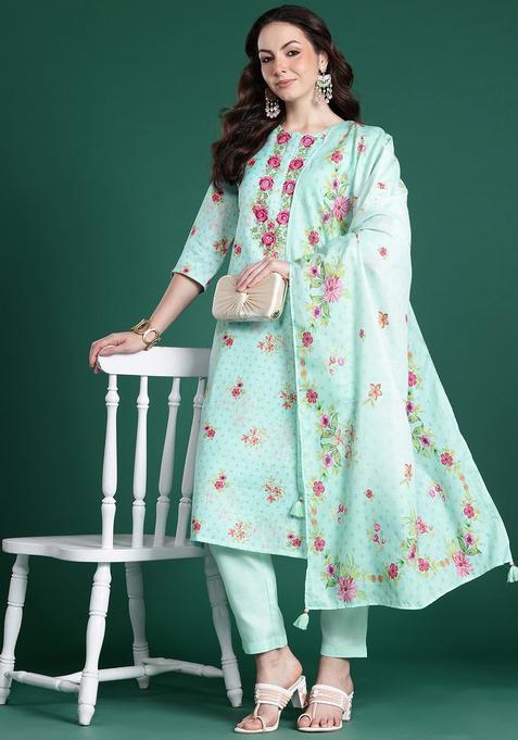 Sea Green Embroidered Linen Kurta Set — view on Indya