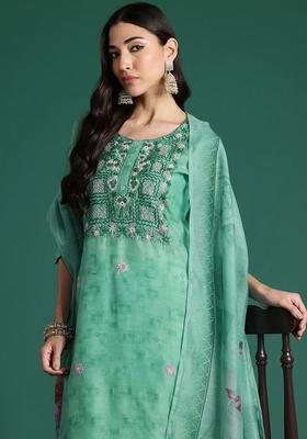 Sea Green Printed Silk Kurta Set