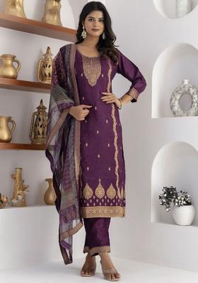 Purple Self Design Silk Kurta Set