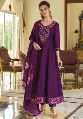 Purple Embroidered Silk Anarkali Set