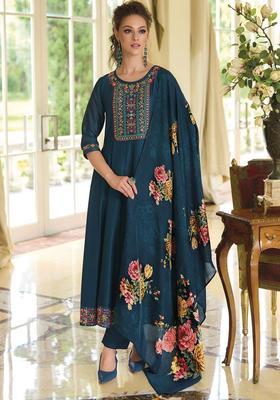 Teal Embroidered Silk Anarkali Set